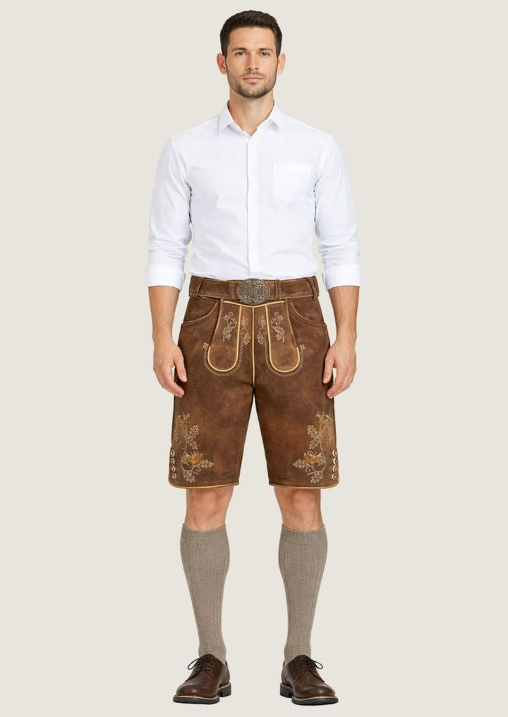 Braune Wildleder-Lederhose für Herren mit Blumenstickerei