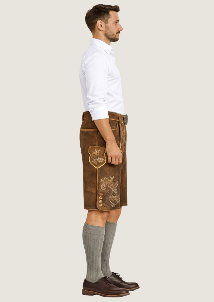 Braune Wildleder-Lederhose für Herren mit Blumenstickerei