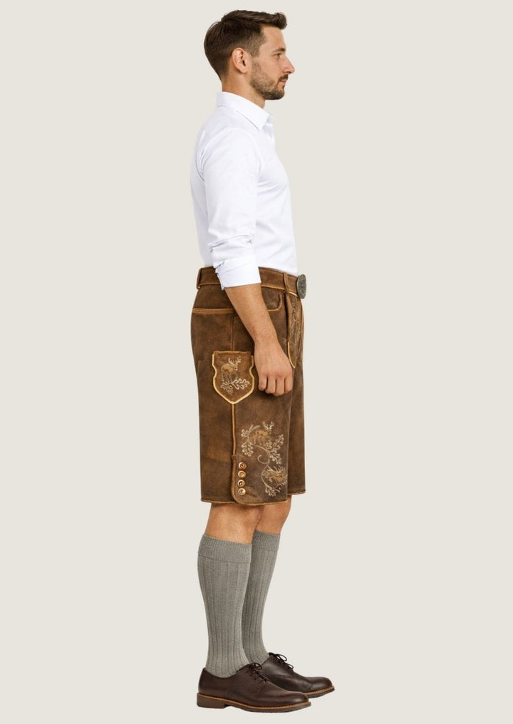 Braune Wildleder-Lederhose für Herren mit Blumenstickerei
