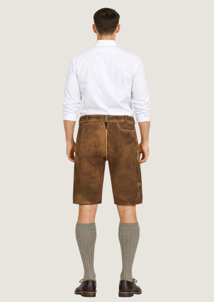 Braune Wildleder-Lederhose für Herren mit Blumenstickerei