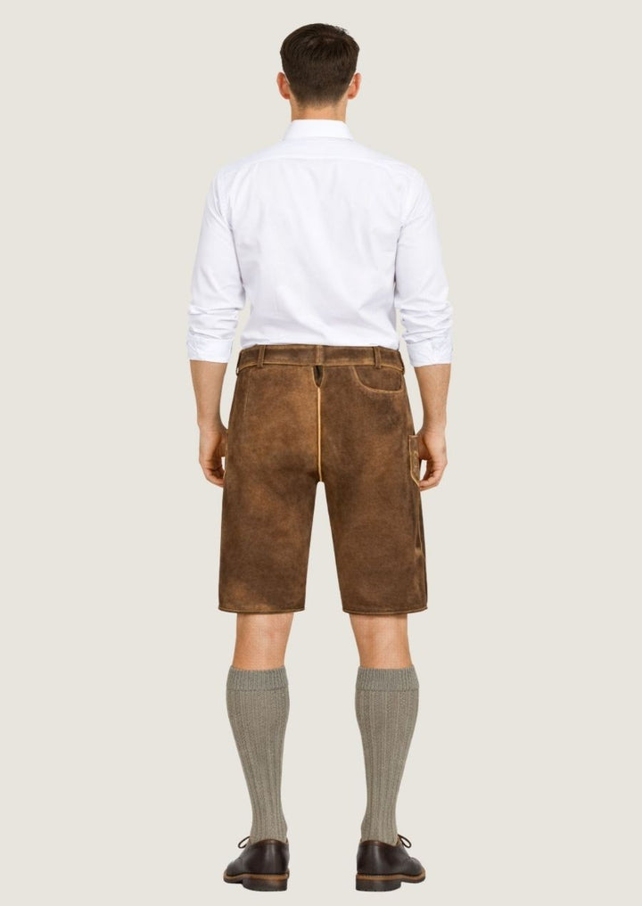 Braune Wildleder-Lederhose für Herren mit Blumenstickerei