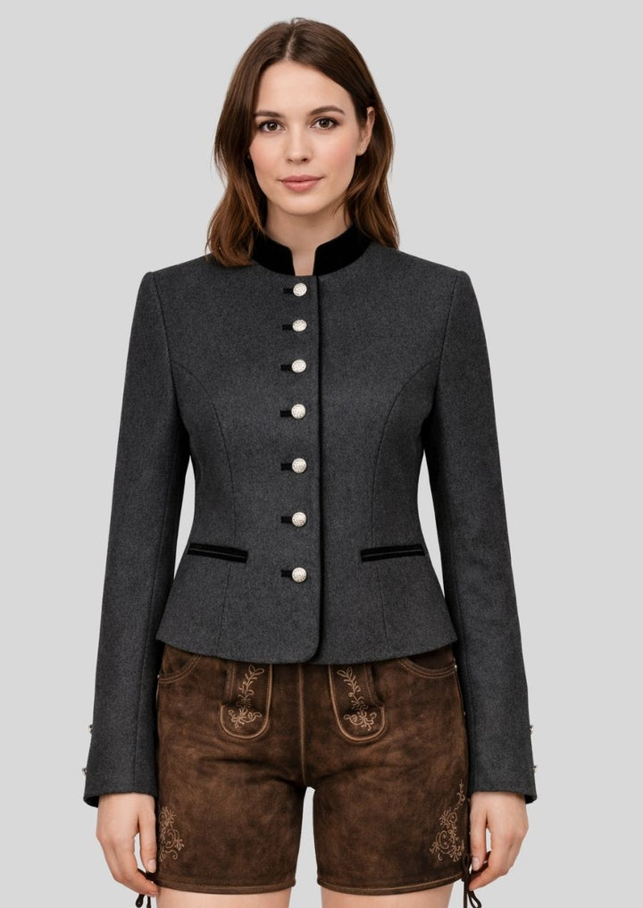 Graue alpine Damenjacke Vorderansicht
