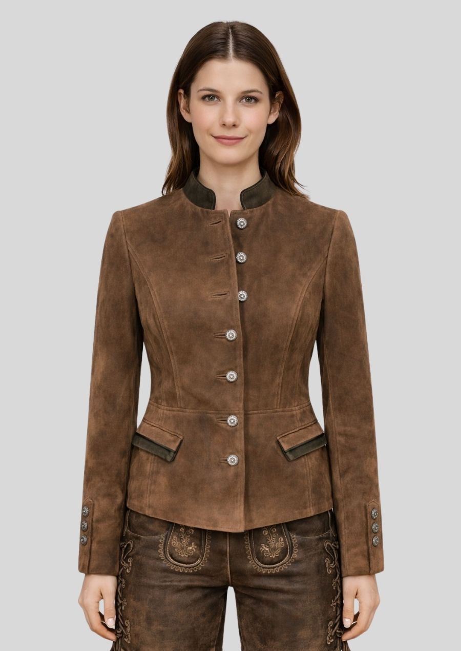 Brauner Damen Trachtenjanker Wildleder Vorderansicht