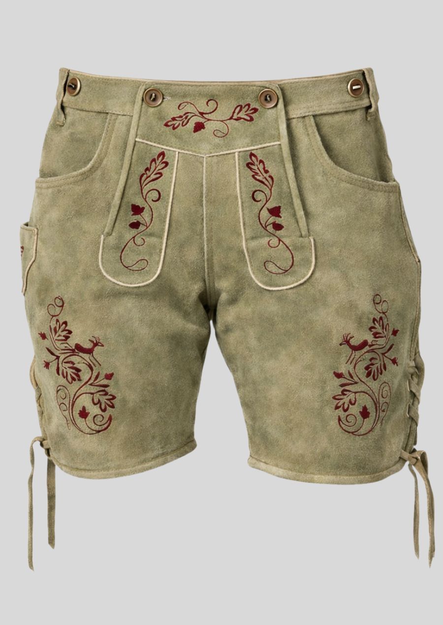 Antik braune Damen Lederhose aus Ziegenvelours mit roter Stickerei