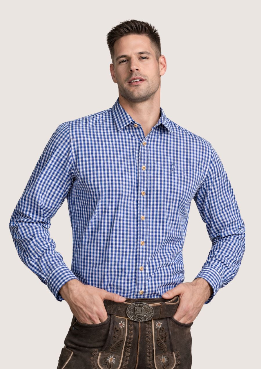 Klassisches bayerisches Herrenhemd in Blau kariert im Trachtenstil