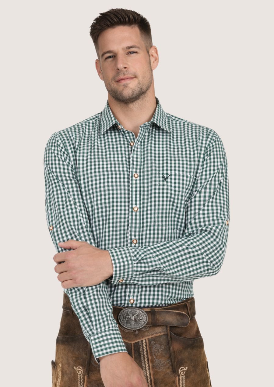 Bayerisches Slim-Fit-Hemd für Herren in Tannengrün im modernen Trachtenstil