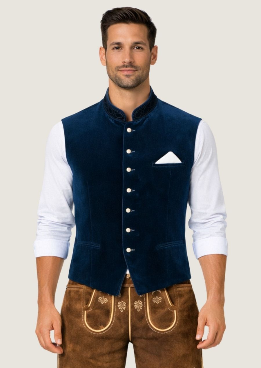 Blaue Samt Trachtenweste für Herren im klassischen Oktoberfest Stil