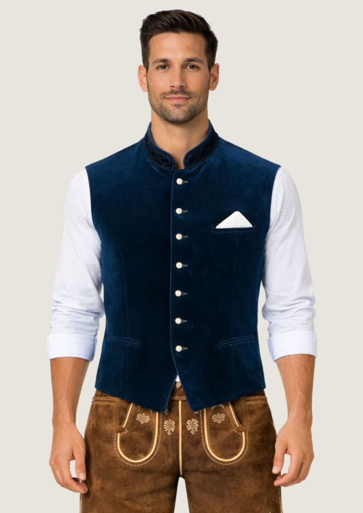 Blaue Samt Trachtenweste für Herren im klassischen Oktoberfest Stil