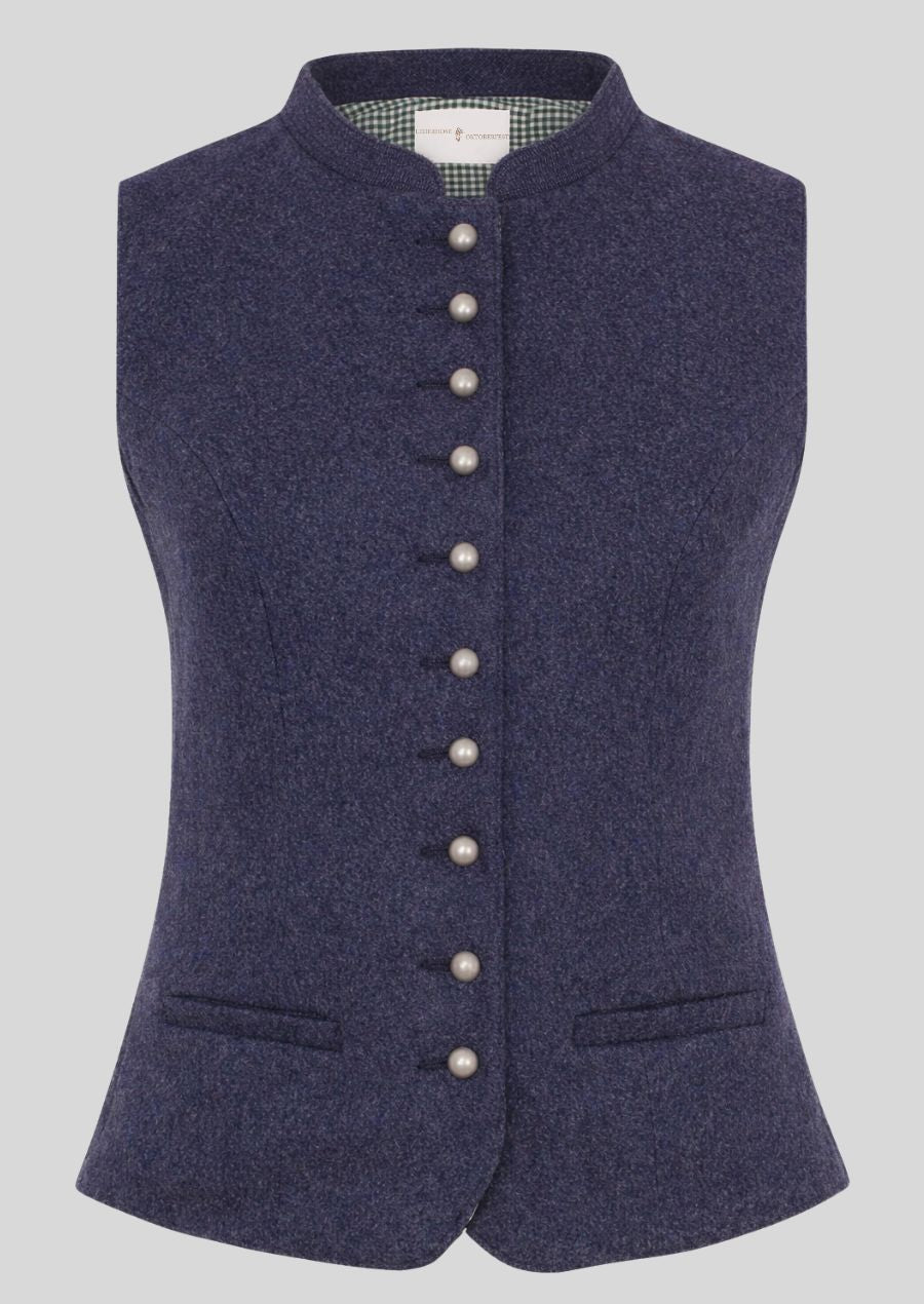 Detailansicht blaue Woll Trachtenweste Damen