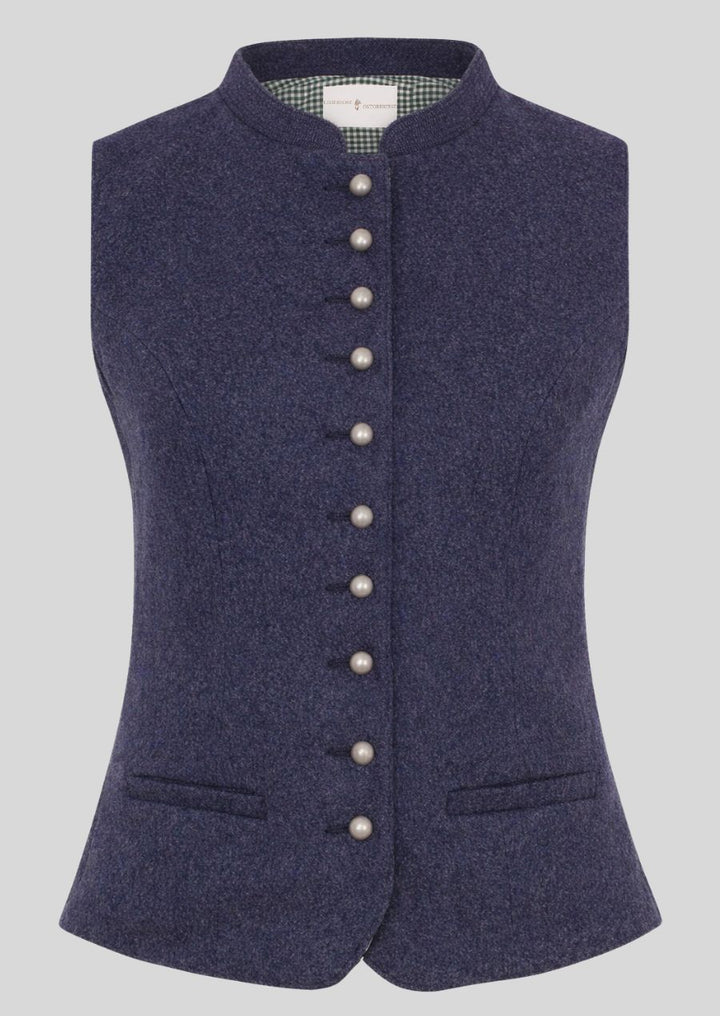 Detailansicht blaue Woll Trachtenweste Damen