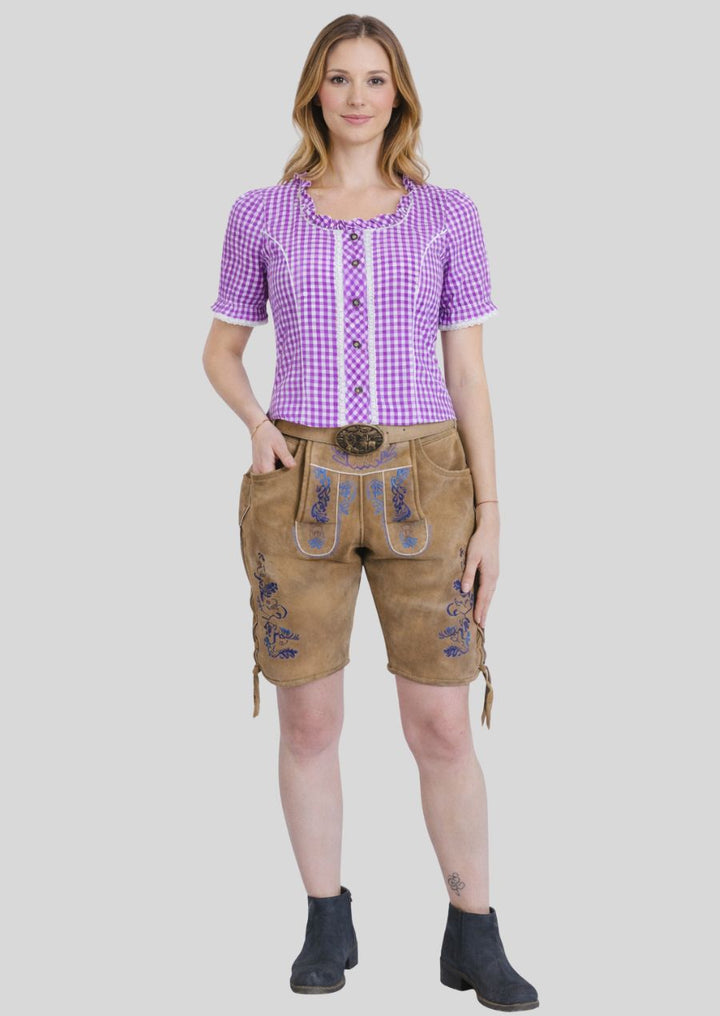 Braune Damen Lederhose aus Ziegenvelours mit blauer Hirsch Stickerei