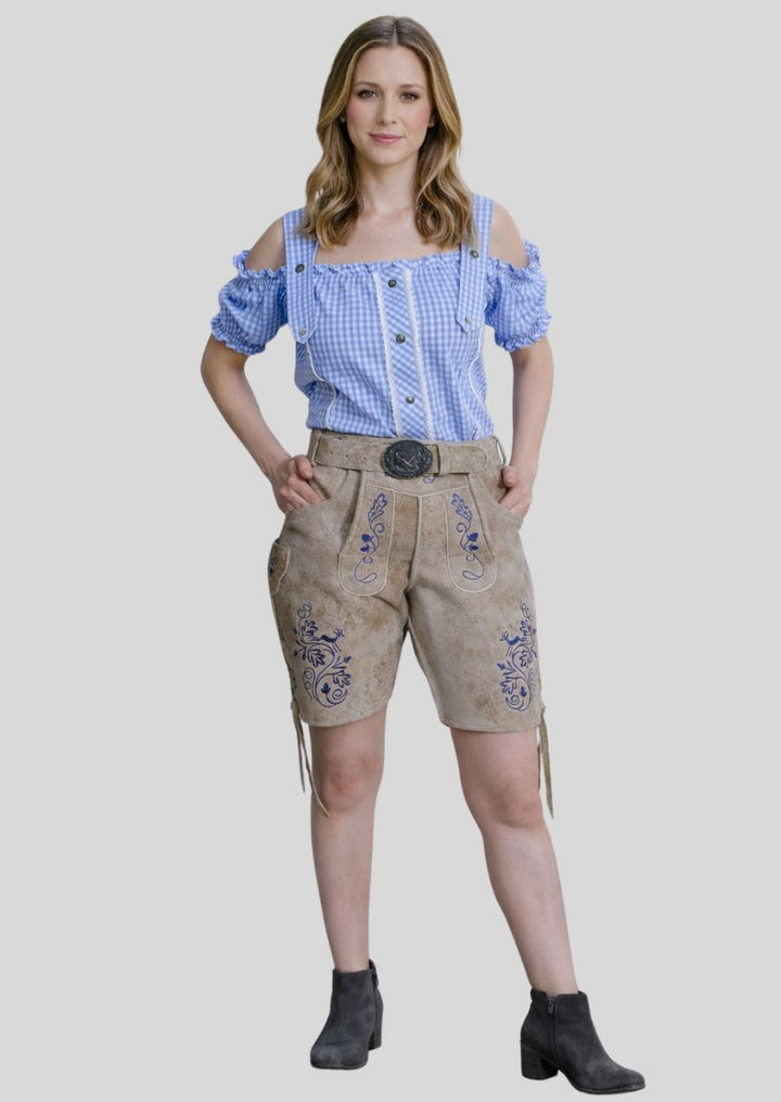 Braune Damen Lederhose aus Ziegenvelours mit blauer floraler Hirsch Stickerei