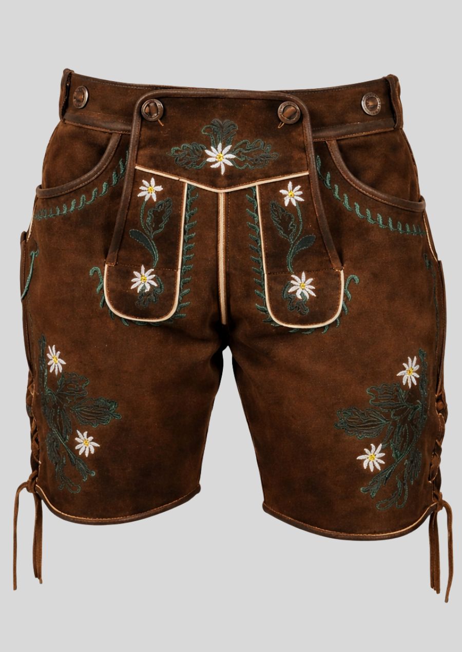 Braune Damen Lederhose aus Velours mit Edelweiß Stickerei