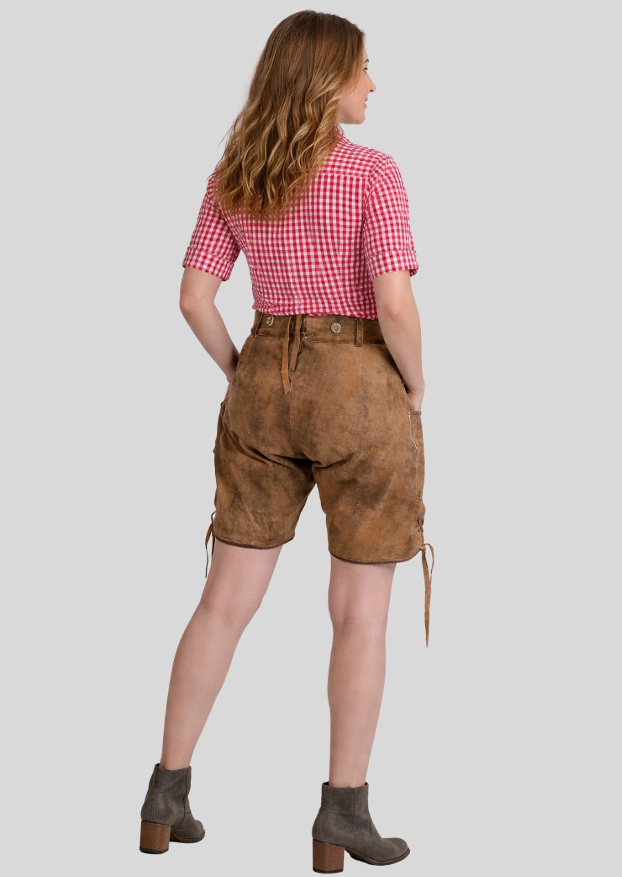 Rückansicht der braunen Damen Lederhose aus Ziegenvelours