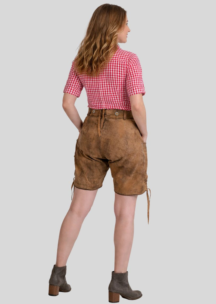 Rückansicht der braunen Damen Lederhose aus Ziegenvelours