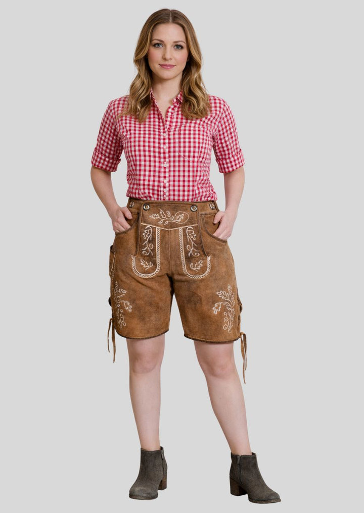 Braune Damen Lederhose aus Ziegenvelours mit weißer floraler Stickerei