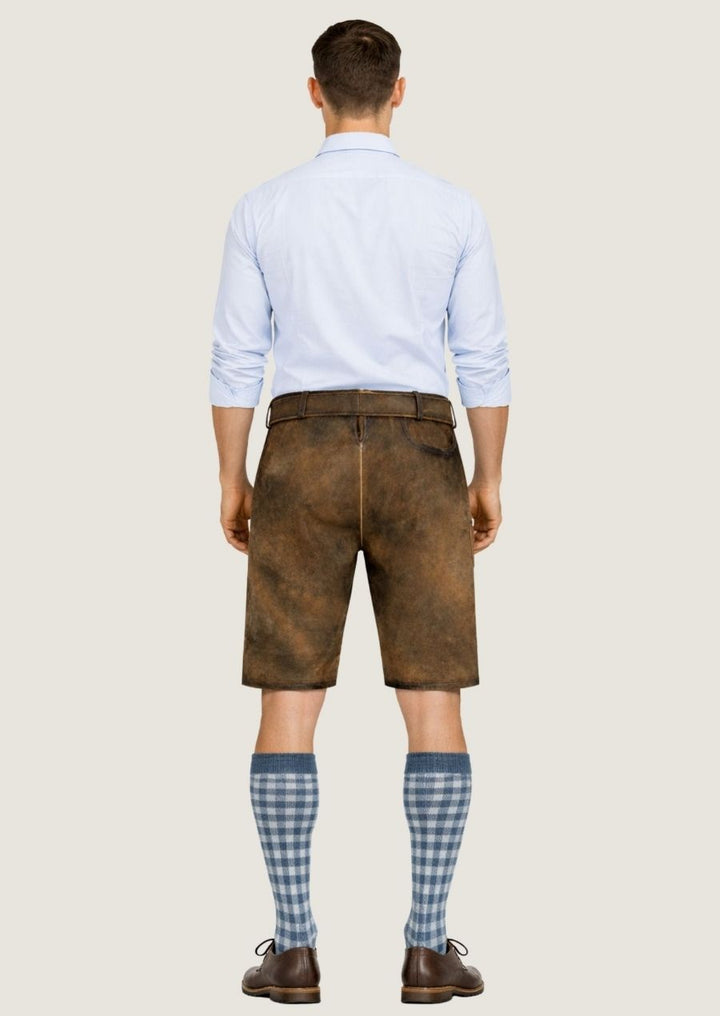 Traditionelle braune Wildleder Lederhose für Herren mit hochwertiger Stickerei