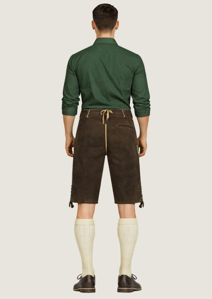 Traditionelle braune Wildleder Lederhose für Herren mit floraler Stickerei im Trachtenstil