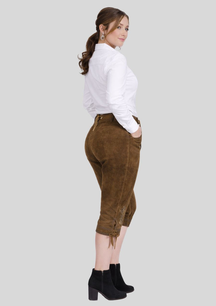 Seitenansicht braune Damen Kniebundlederhose Leder