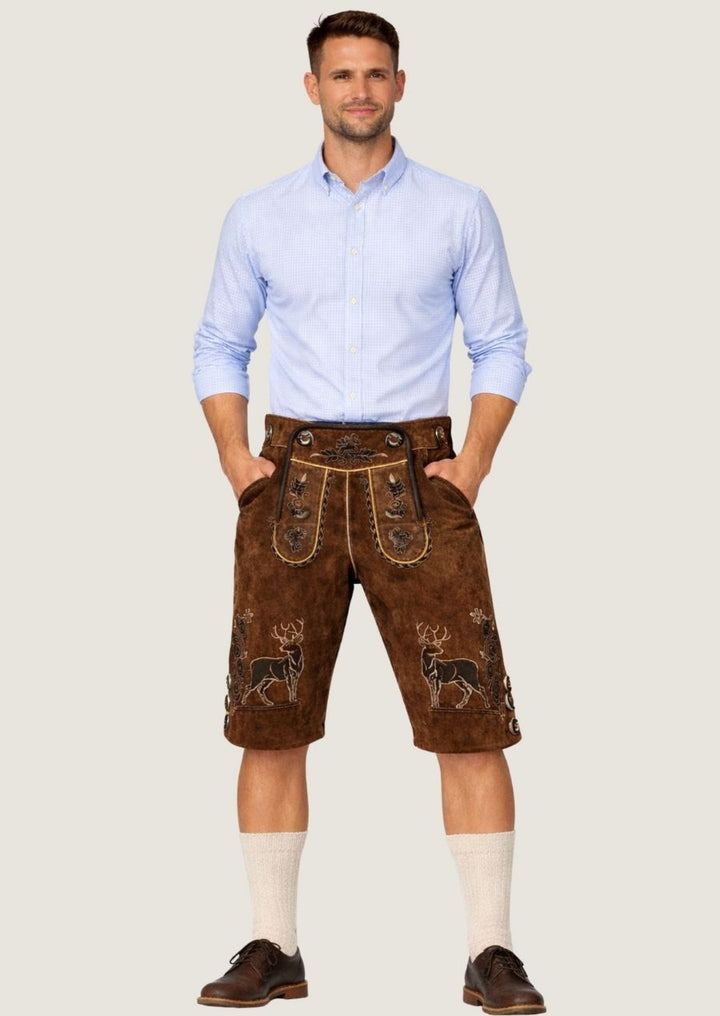 Braune Lederhose für Herren mit feiner Stickerei im klassischen Trachtenstil