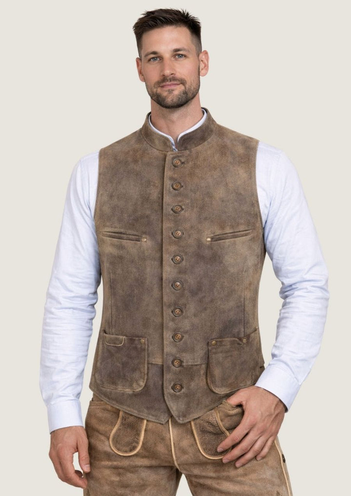 Braune Herren Weste im Antik Leder Stil, inspiriert vom alpinen Lifestyle