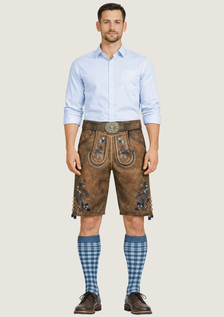 Braune Wildleder Lederhose für Herren mit feiner Stickerei im klassischen Trachtenstil