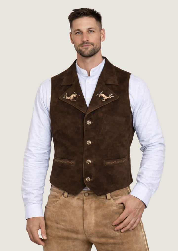 Braune Wildlederweste für Herren, ein echtes Unikat im traditionellen Oktoberfest Stil