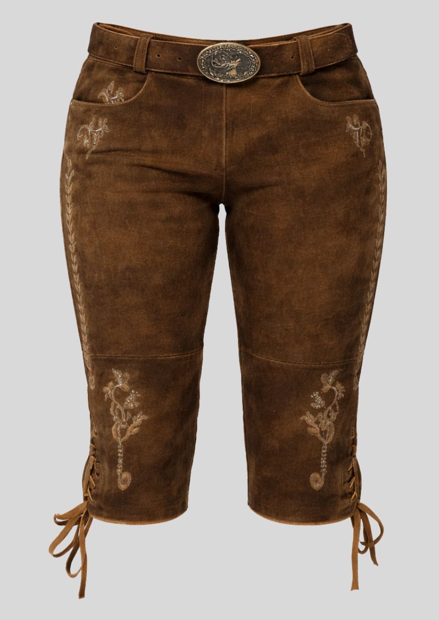 Detail florale Stickerei braune Damen Bundhose
