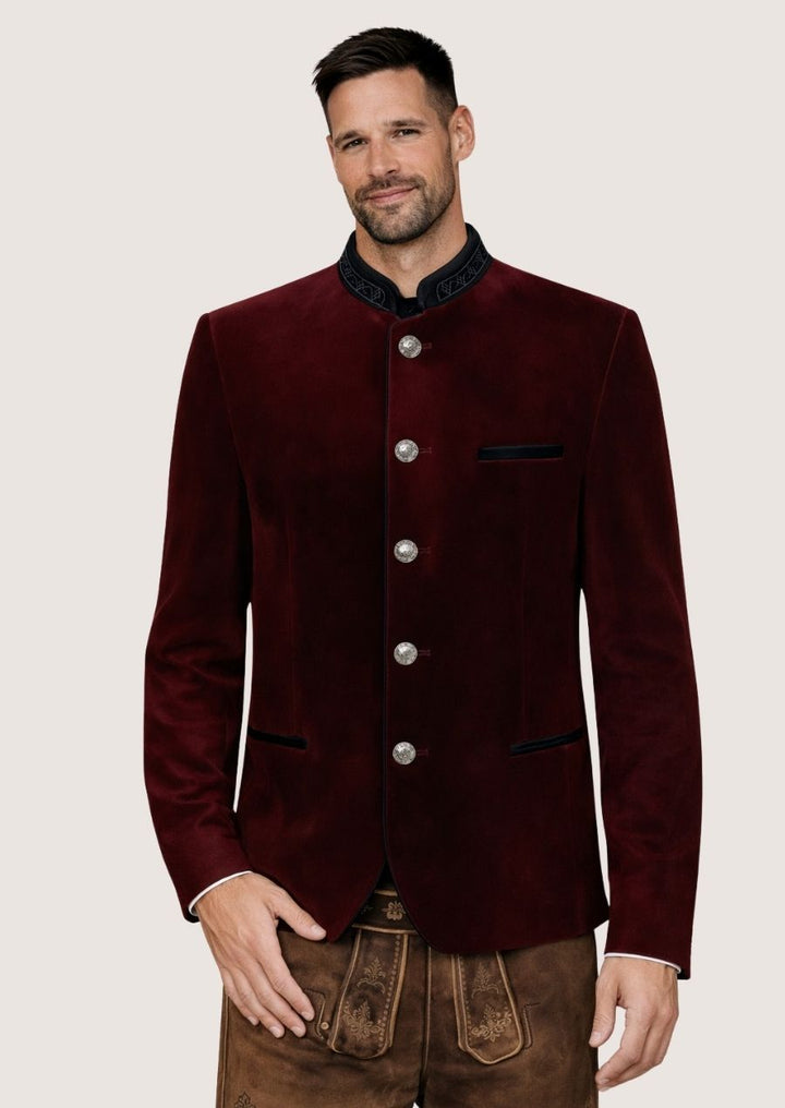 Burgunderrote Samtjacke für Herren im klassischen Stil mit traditionellem Charakter