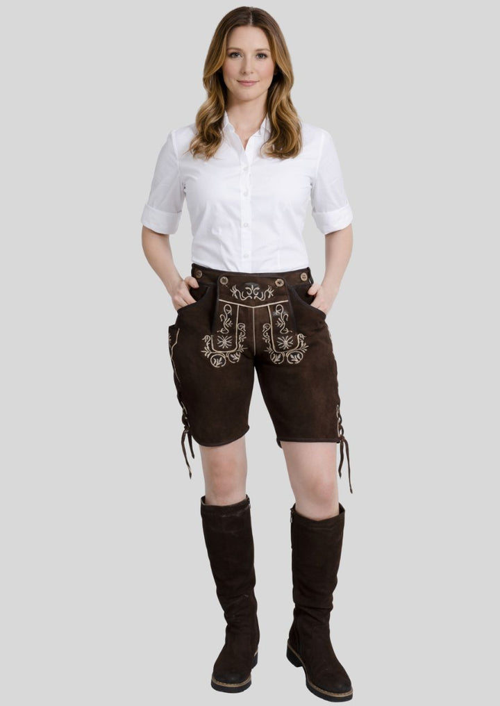 Chocolate braune Damen Lederhose aus Ziegenvelours mit weißer Stickerei