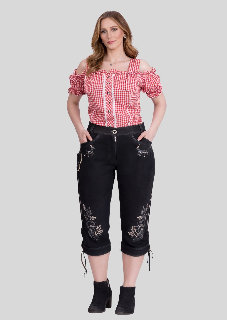 Braune Damen Bundhose mit Hirsch und floraler Stickerei