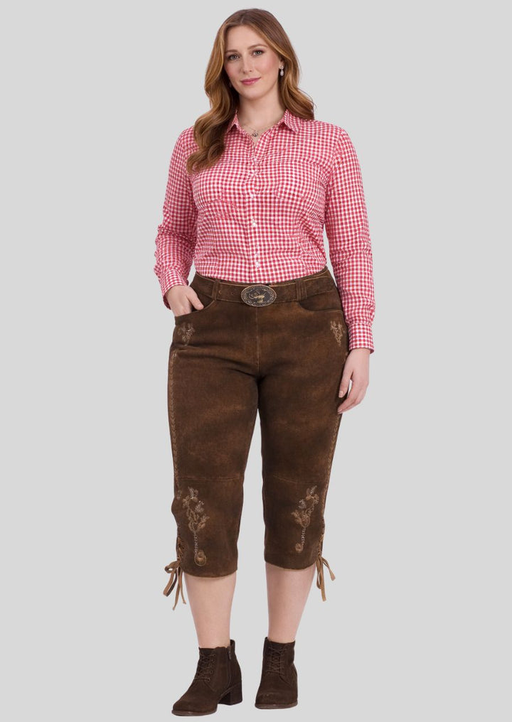 Frontansicht braune Damen Bundhose Trachtenleder