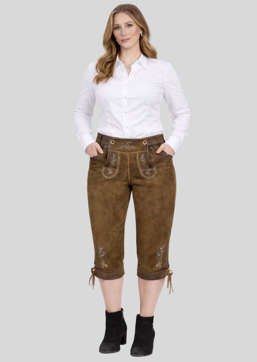 Frontansicht Damen Kniebundlederhose braun Trachtenstil