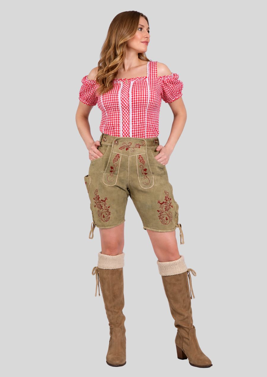 Frontansicht Damen Lederhose antik braun mit roter Stickerei