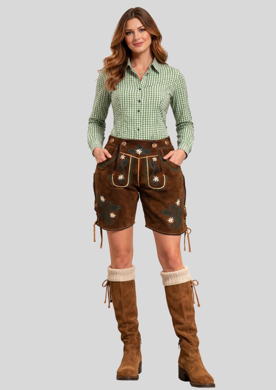 Frontansicht Damen Lederhose braun mit Edelweiß Stickerei