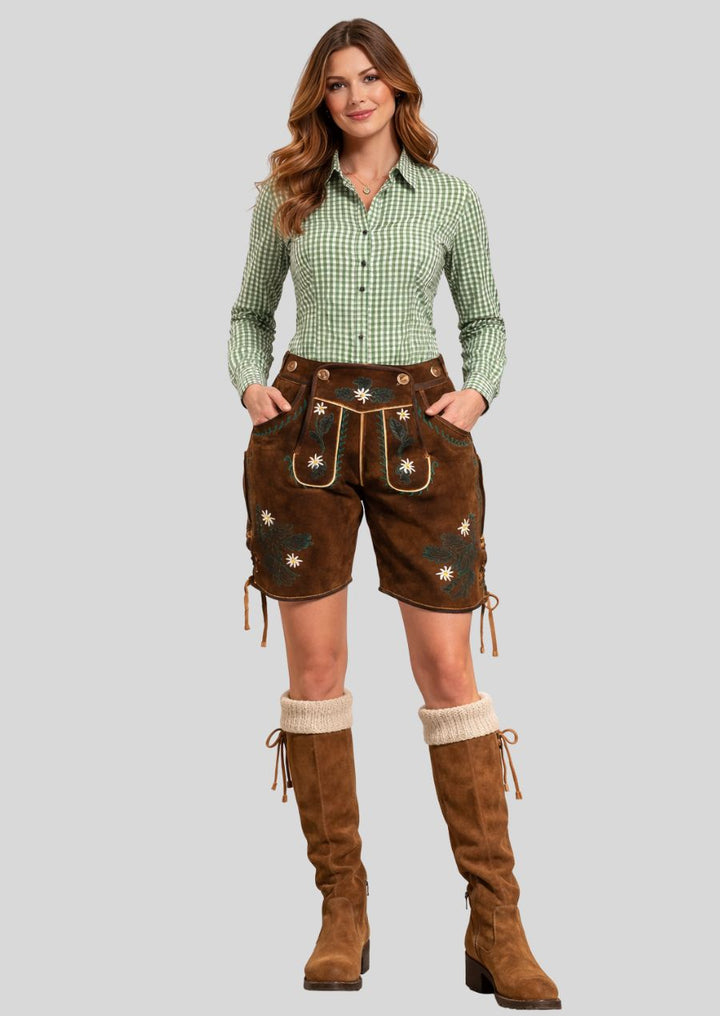 Frontansicht Damen Lederhose braun mit Edelweiß Stickerei