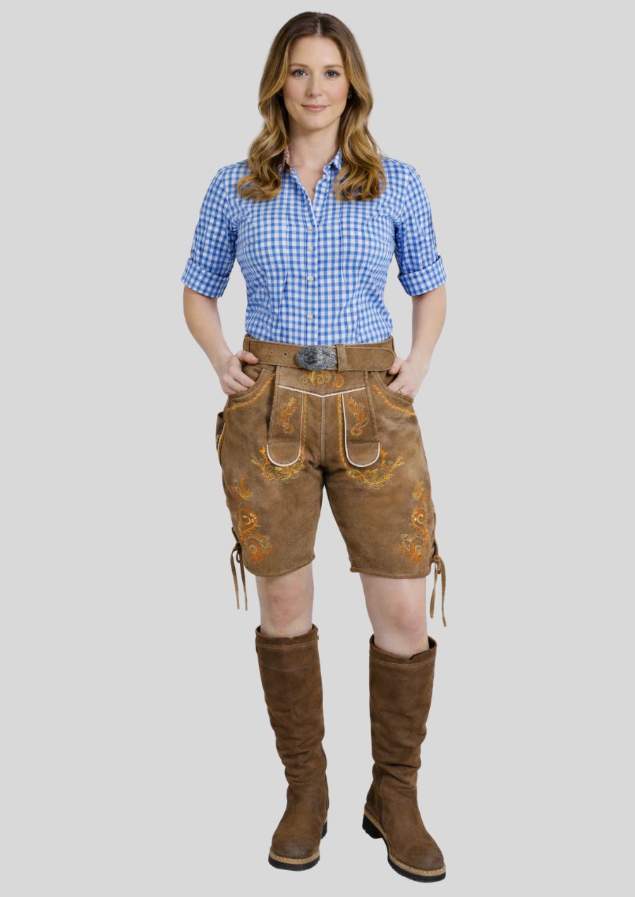 Frontansicht Damen Lederhose braun mit floraler Stickerei