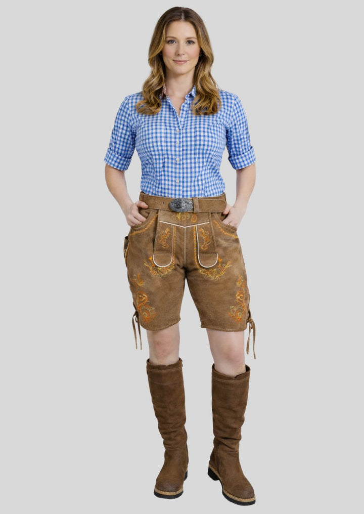 Frontansicht Damen Lederhose braun mit floraler Stickerei