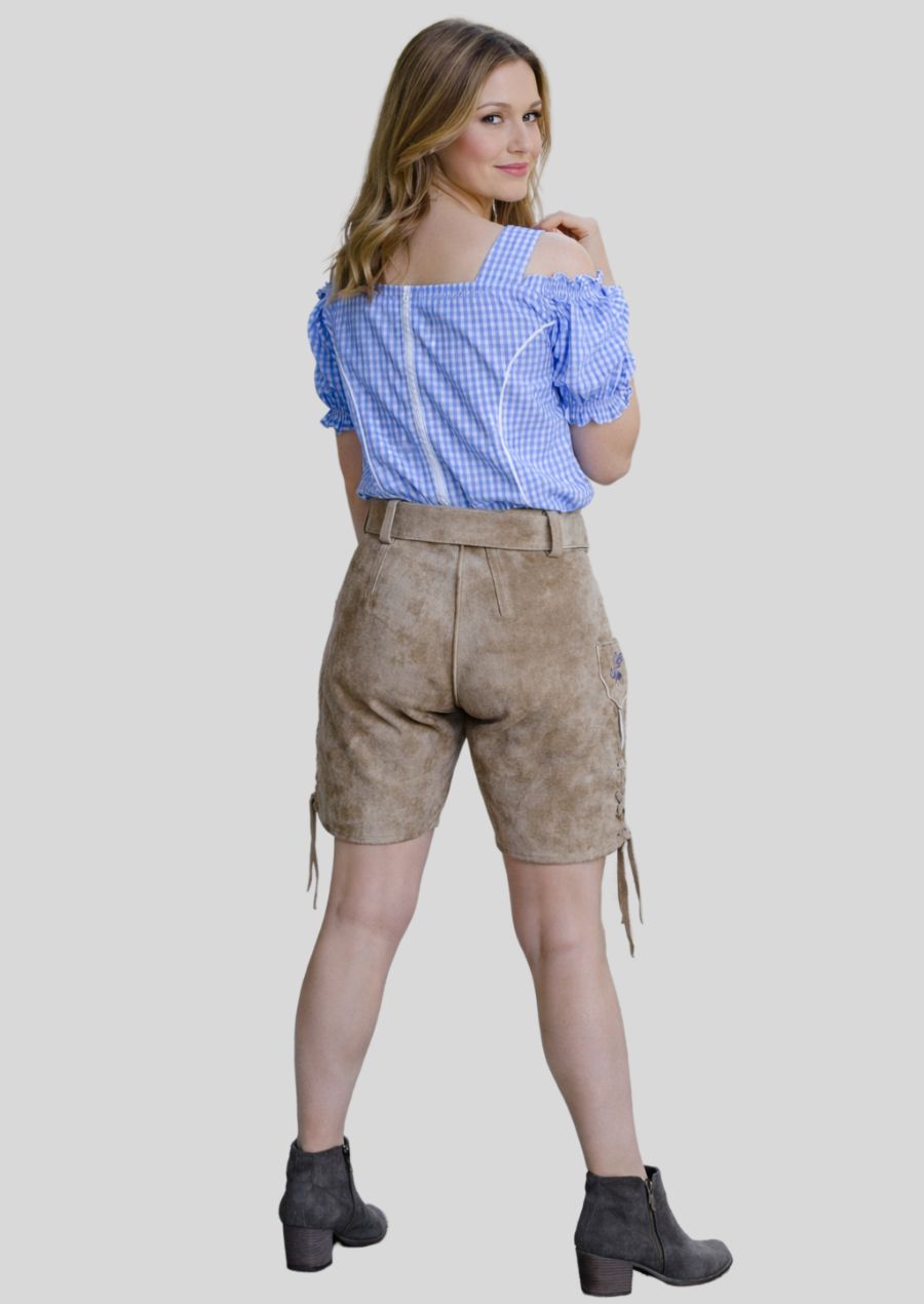 Traditionelle Damen Lederhose braun Ziegenvelours mit blauer floraler Stickerei