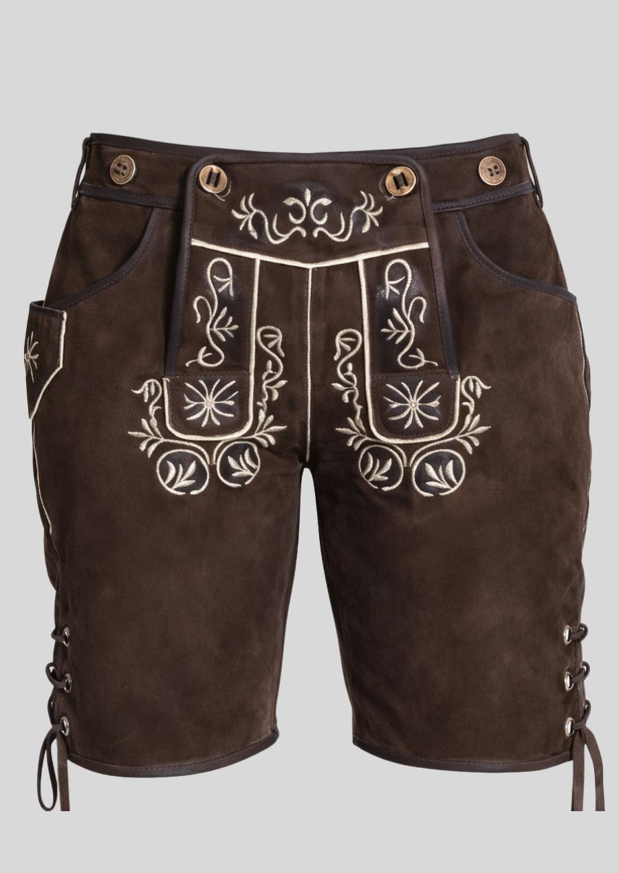 Frontansicht Damen Lederhose chocolate braun mit floraler Stickerei