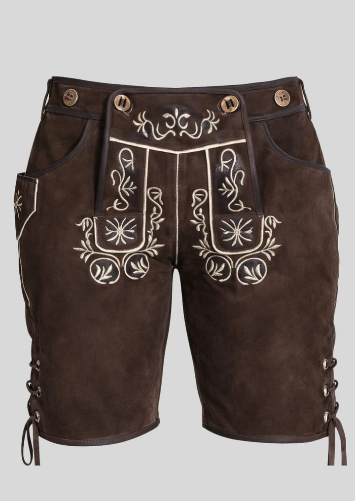 Frontansicht Damen Lederhose chocolate braun mit floraler Stickerei