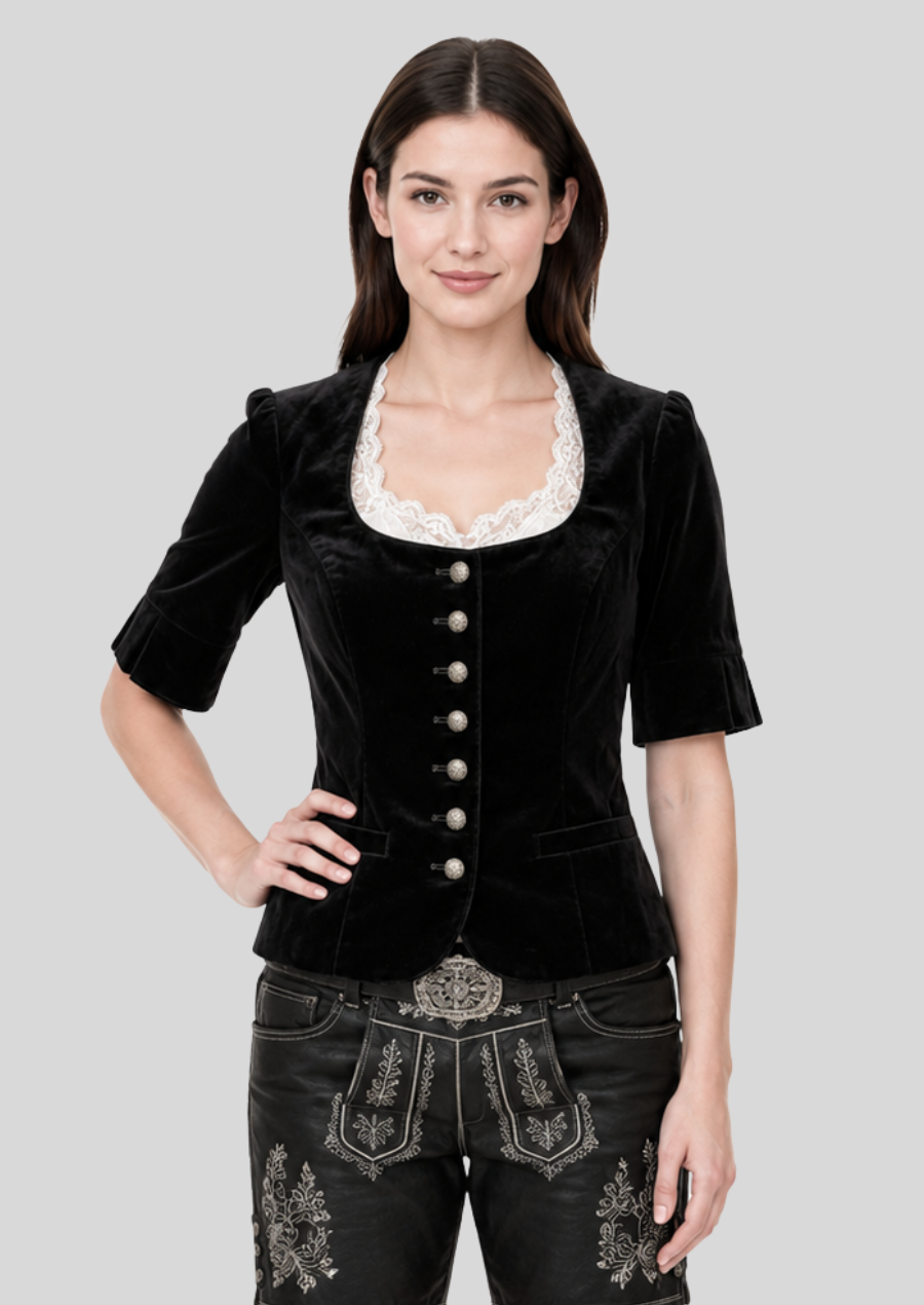 Damen Samt Kurzarm Jacke Schwarz Front – Elegante Trachtenjacke aus Premium Samt
