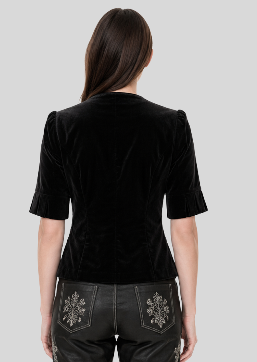 Damen Samt Kurzarm Jacke Schwarz Rückseite – Elegante Trachtenjacke aus Premium Samt