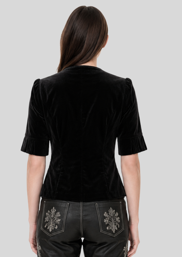 Damen Samt Kurzarm Jacke Schwarz Rückseite – Elegante Trachtenjacke aus Premium Samt