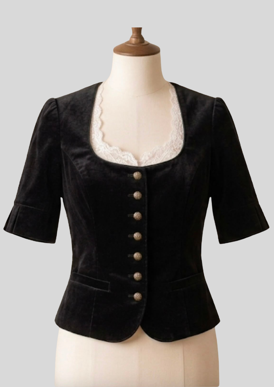 Damen Samt Kurzarm Trachtenjacke Schwarz Produktansicht Vorderseite aus Premium Samt