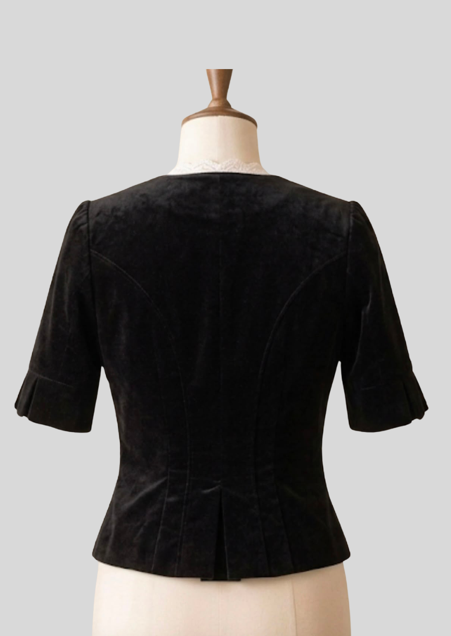 Damen Samt Kurzarm Trachtenjacke Schwarz Produktansicht Rückseite aus Premium Samt