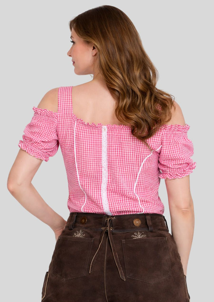Rückansicht rosa karierte Trachtenbluse Damen