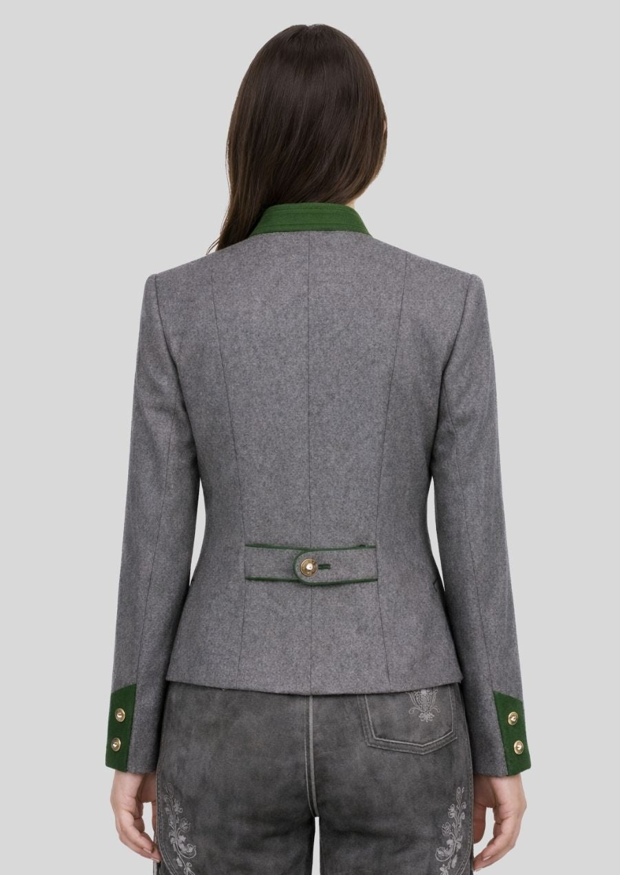 Graue Trachtenjacke Damen mit grünem Kragen