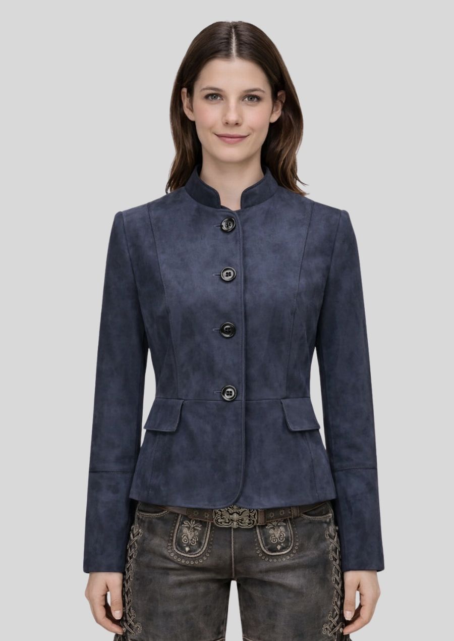 Blauer Damen Trachtenjanker Wildleder Vorderansicht