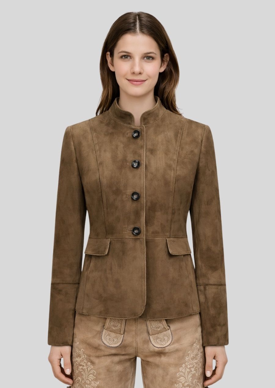 Brauner Damen Trachtenjanker Wildleder Vorderansicht